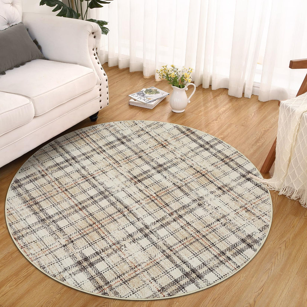 Modern Washable 8x10 Area Rug - Soft, Non-Slip, Stain Resistant, Farmhouse Tartan Plaid for Living Room, Bedroom, Nursery, Office - Beige