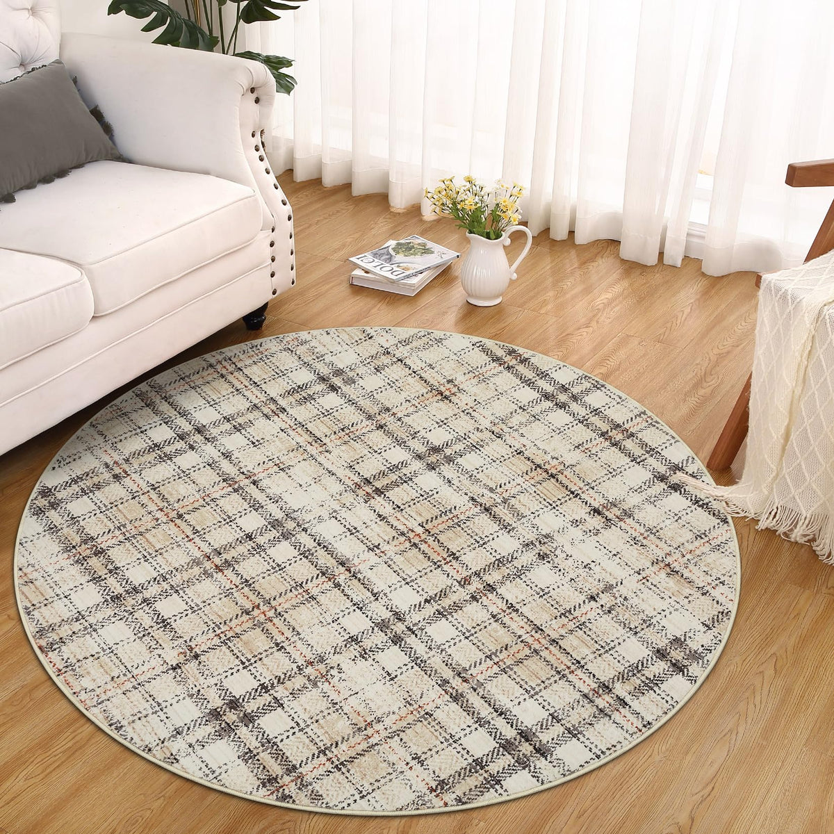 Modern Washable 8x10 Area Rug - Soft, Non-Slip, Stain Resistant, Farmhouse Tartan Plaid for Living Room, Bedroom, Nursery, Office - Beige