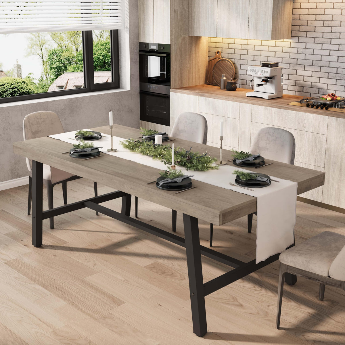 GarveeHome Industrial Dining Table for 6-8 People, 70.87" Long Large Kitchen Table with Sturdy Metal Frame, Rectangular Counter for Dinner, Kitchen, Dining Room (Grey, 71" Non-extendable)