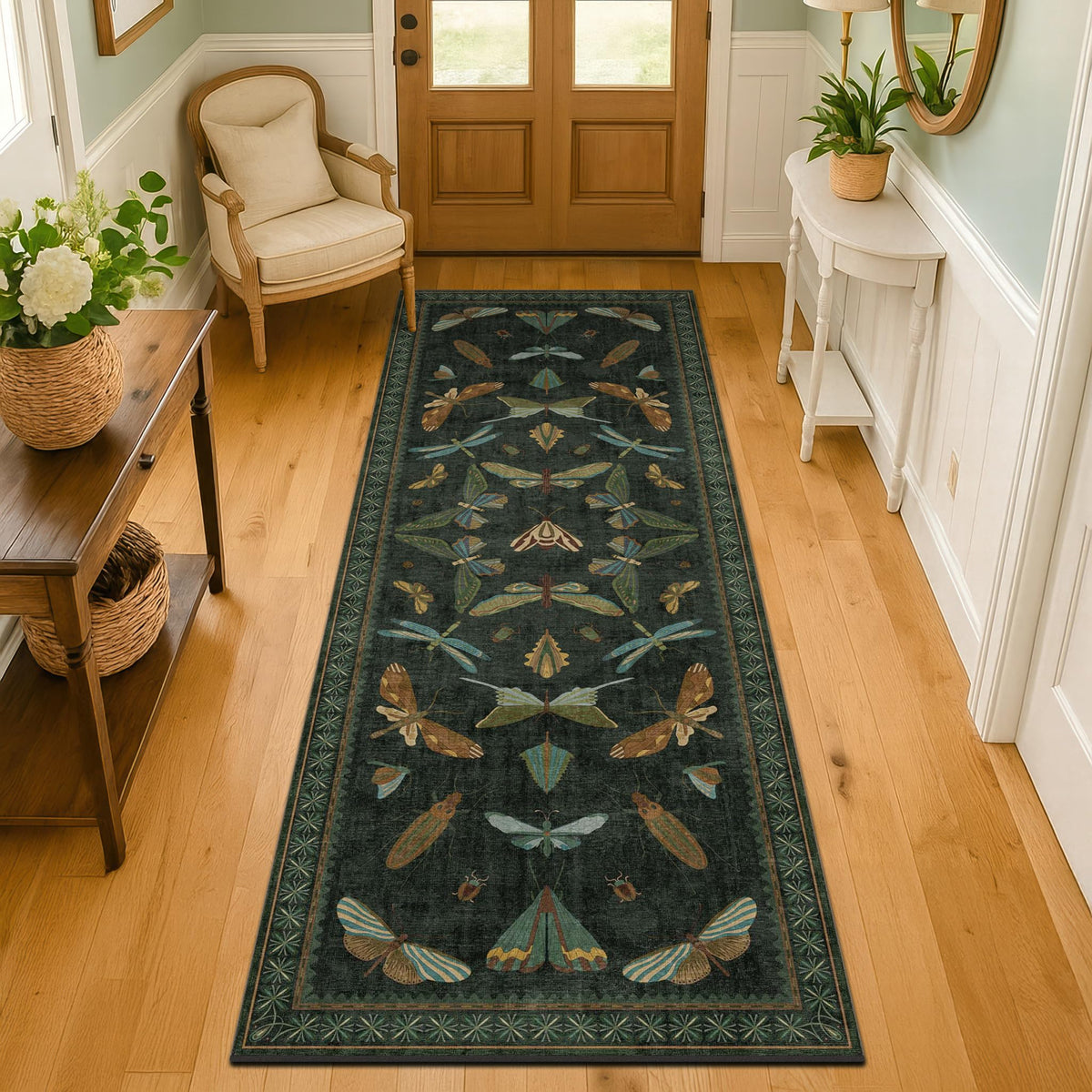 Hazo Haus Dark Green Insect Area Rugs 8x10 for Living Room, Dining Room Under Table, Bedroom, Unique Washable Floral Non Slip Low Pile Soft Rug