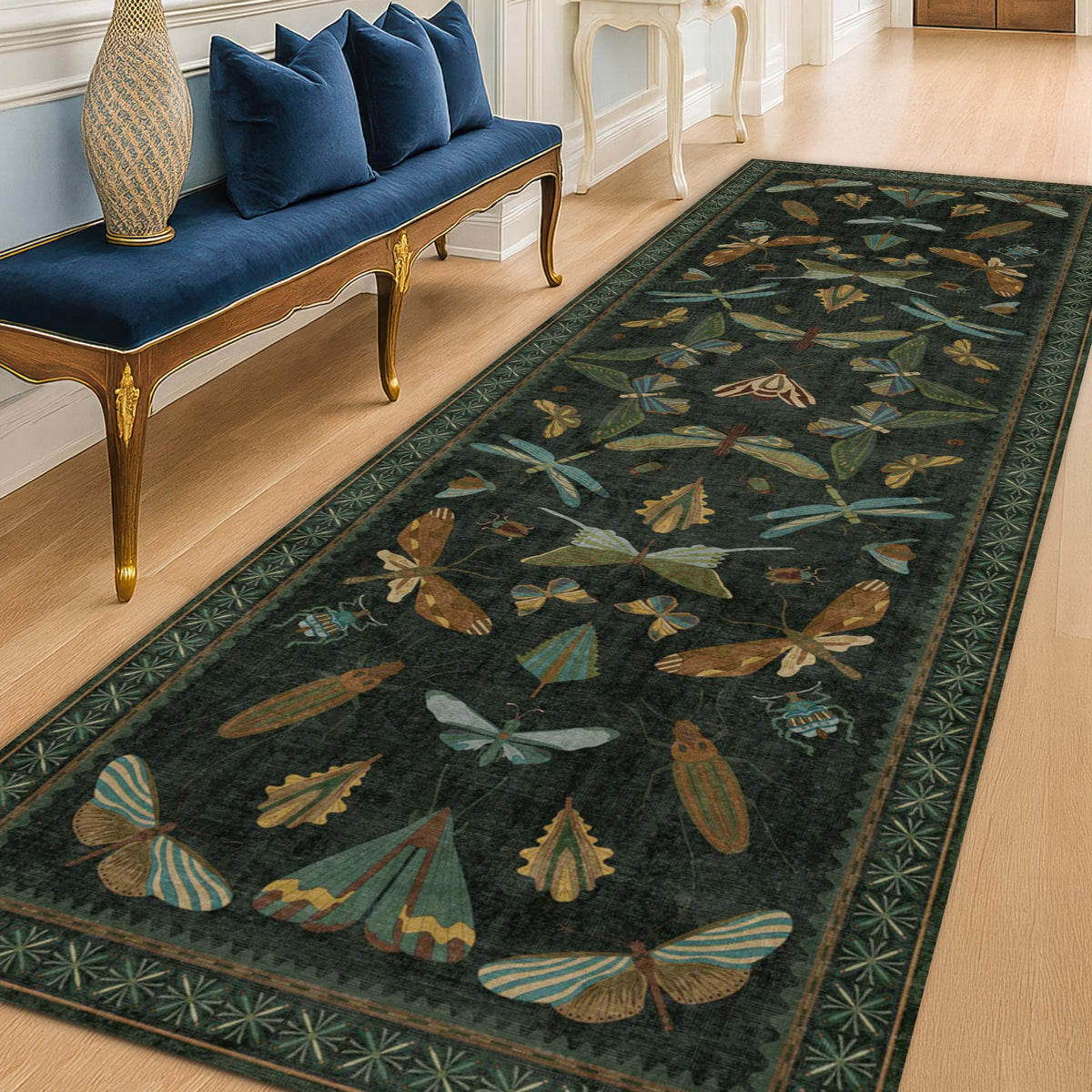 Hazo Haus Dark Green Insect Area Rugs 8x10 for Living Room, Dining Room Under Table, Bedroom, Unique Washable Floral Non Slip Low Pile Soft Rug