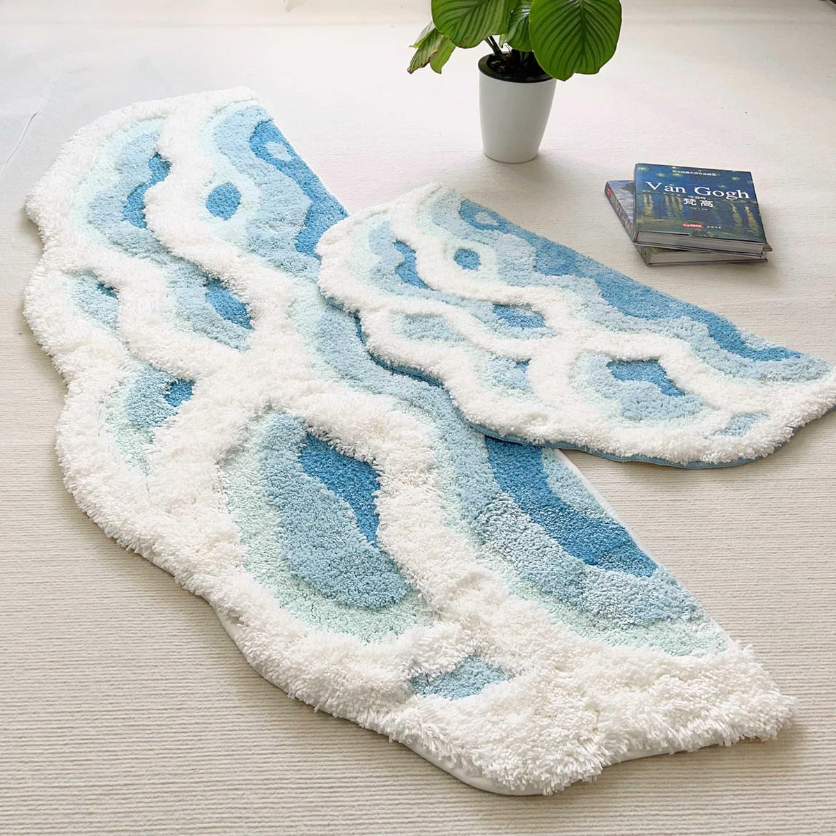 2x6 feet Shag 3D Stereo Wave Moss Bedside Rug 23"×72" Cute Navy Blue Runner Rug Non Slip Washable Bathroom Rugs Bath Mats for Bedroom Bathroom Hallway Home Decor Indoor Doormat Shower Mat