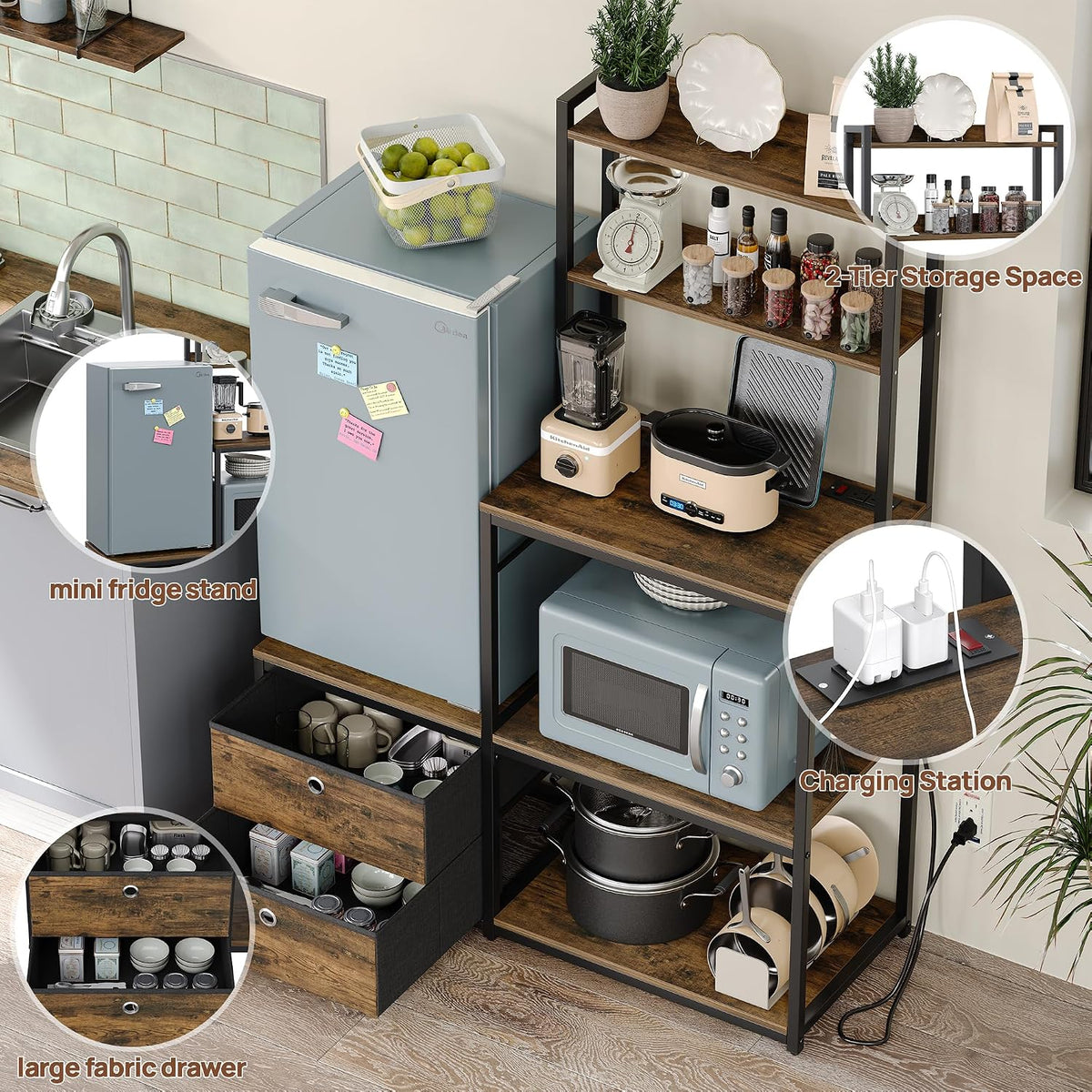 Furniouse Mini Fridge Stand with Storage, Refrigerator Cabinet with Power Outlet - Multifunctional Microwave Stand, Coffee Bar Station for Dorm, Office and Kitchen, Rustic Brown