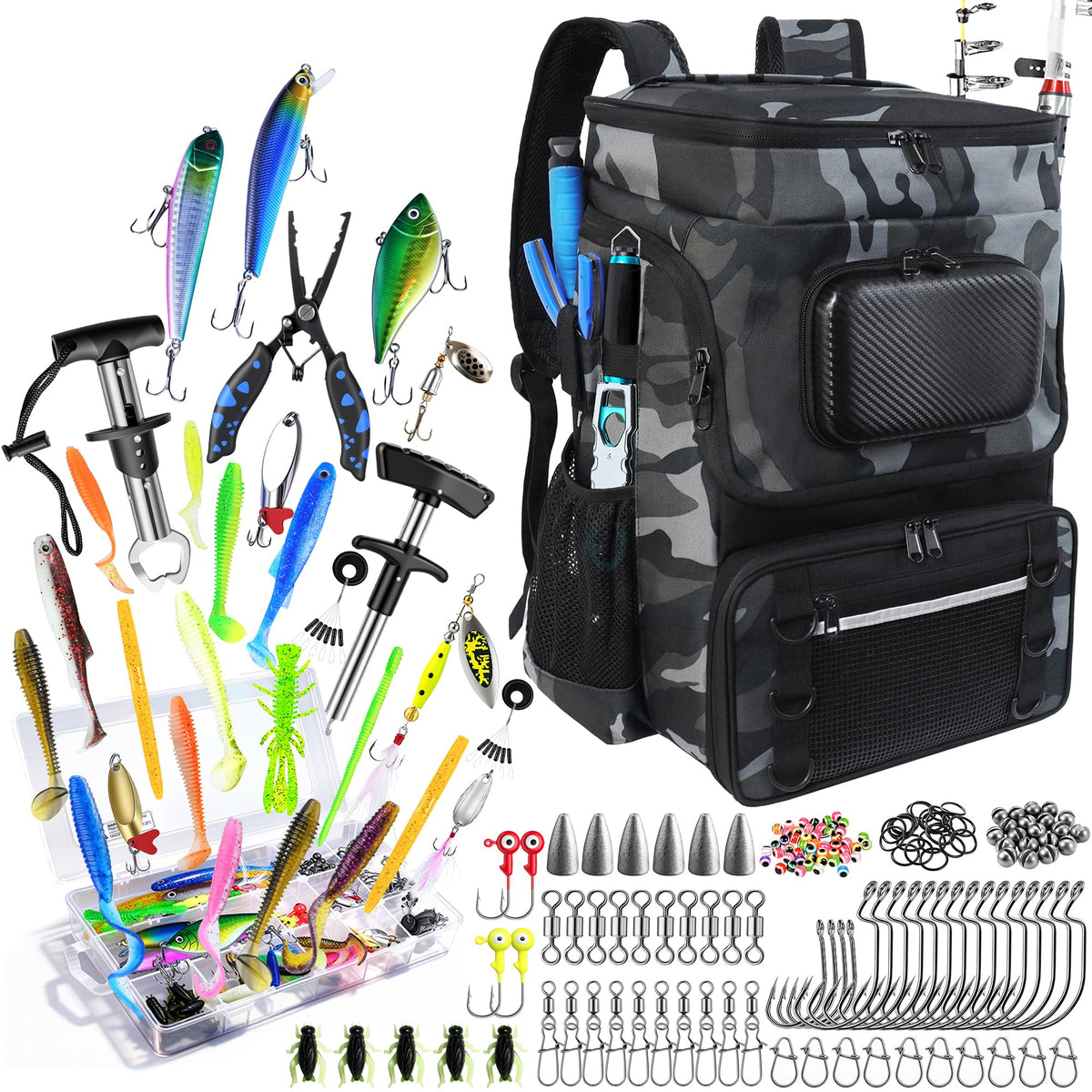 Fishing Backpack with Rod Holder and Tackle Boxes, Cooler, Large 50L Fishing Gear Bag with 139 Fishing Lures Kit, Fish Tool Set, Fish Gifts for Men Woman-Camo Backpack