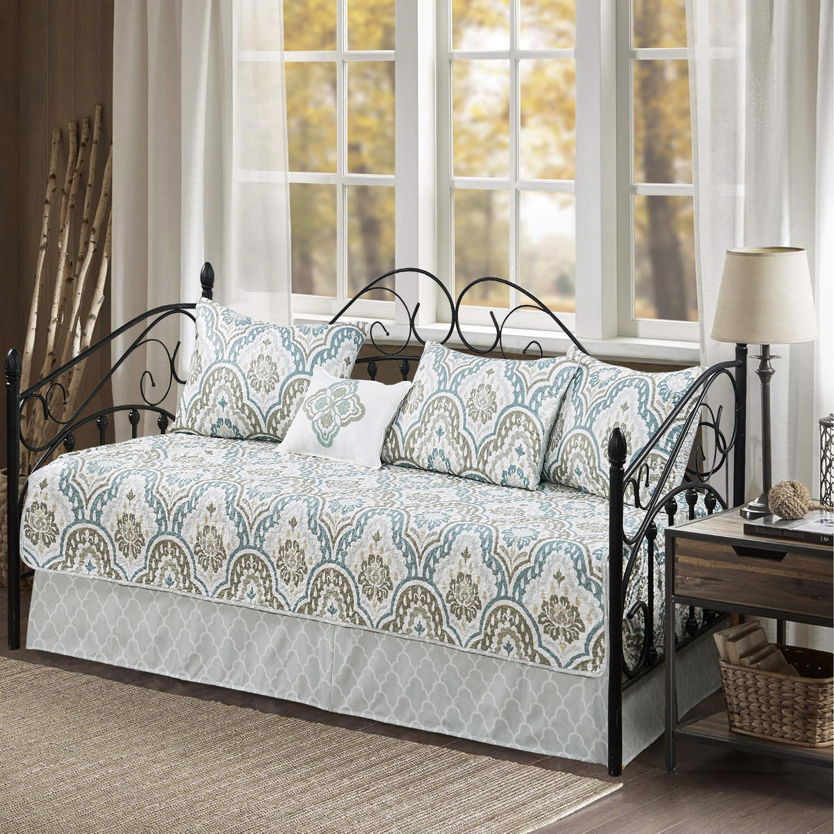 5-Piece Quilted Microfiber Daybed Cover Set with Floral Embroidery, All Season Luxurious Bedding with Matching Shams and Bed Skirt, 75"x39", Pink Flower