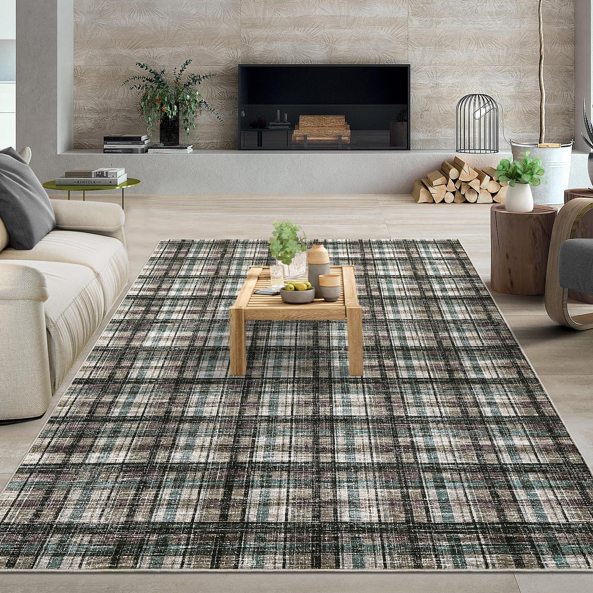 Modern Washable 8x10 Area Rug - Soft, Non-Slip, Stain Resistant, Farmhouse Tartan Plaid for Living Room, Bedroom, Nursery, Office - Beige