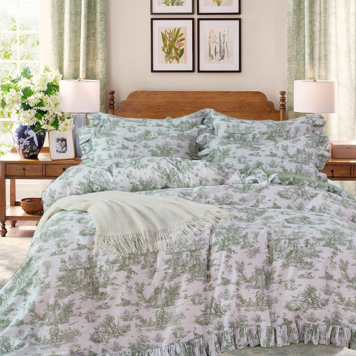 Brandream French Country Toile Queen Duvet Cover Set for Girl Women Bedroom Vintage Pink Toile Floral Print 100% Cotton Duvet Quilt Comforter Cover Pillow Shams Set with Delicate Ruffle Fringe