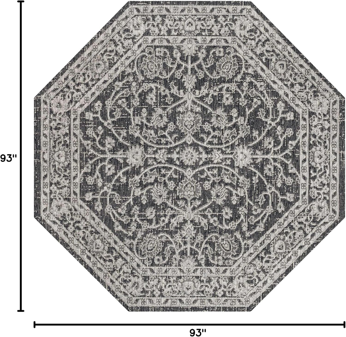 Eyely Vine and Border Octagon Area Rug 8 Ft Black/Gray, Indoor Outdoor Rug