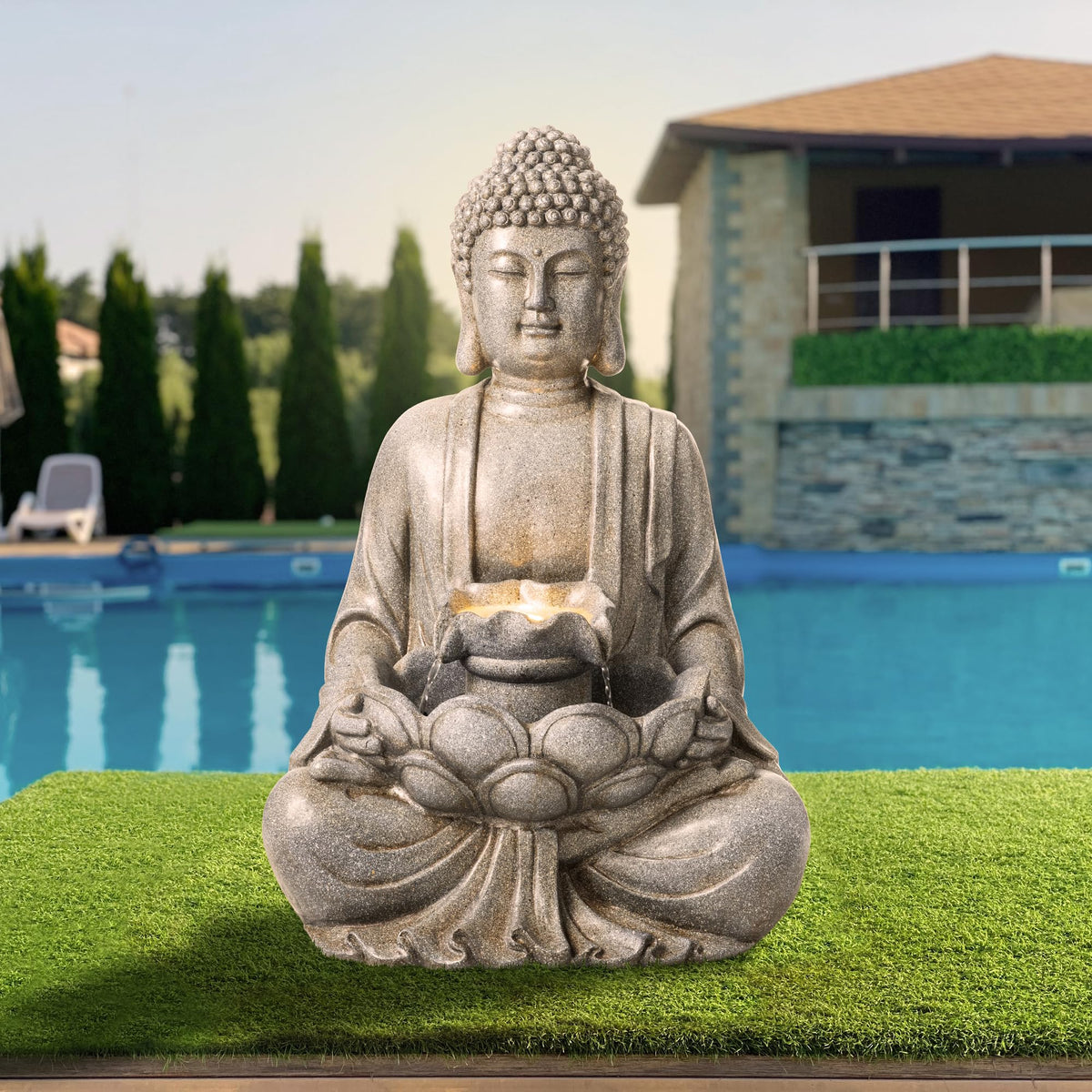 Glitzhome Buddha Statue 28" H, Outdoor Large Statue Zen Style Buddha Fountian with LED Light & Pump Polyresin Outdoor Floor Freestanding Fountain Garden Buddha Sculptures & Statues Lawn Décor