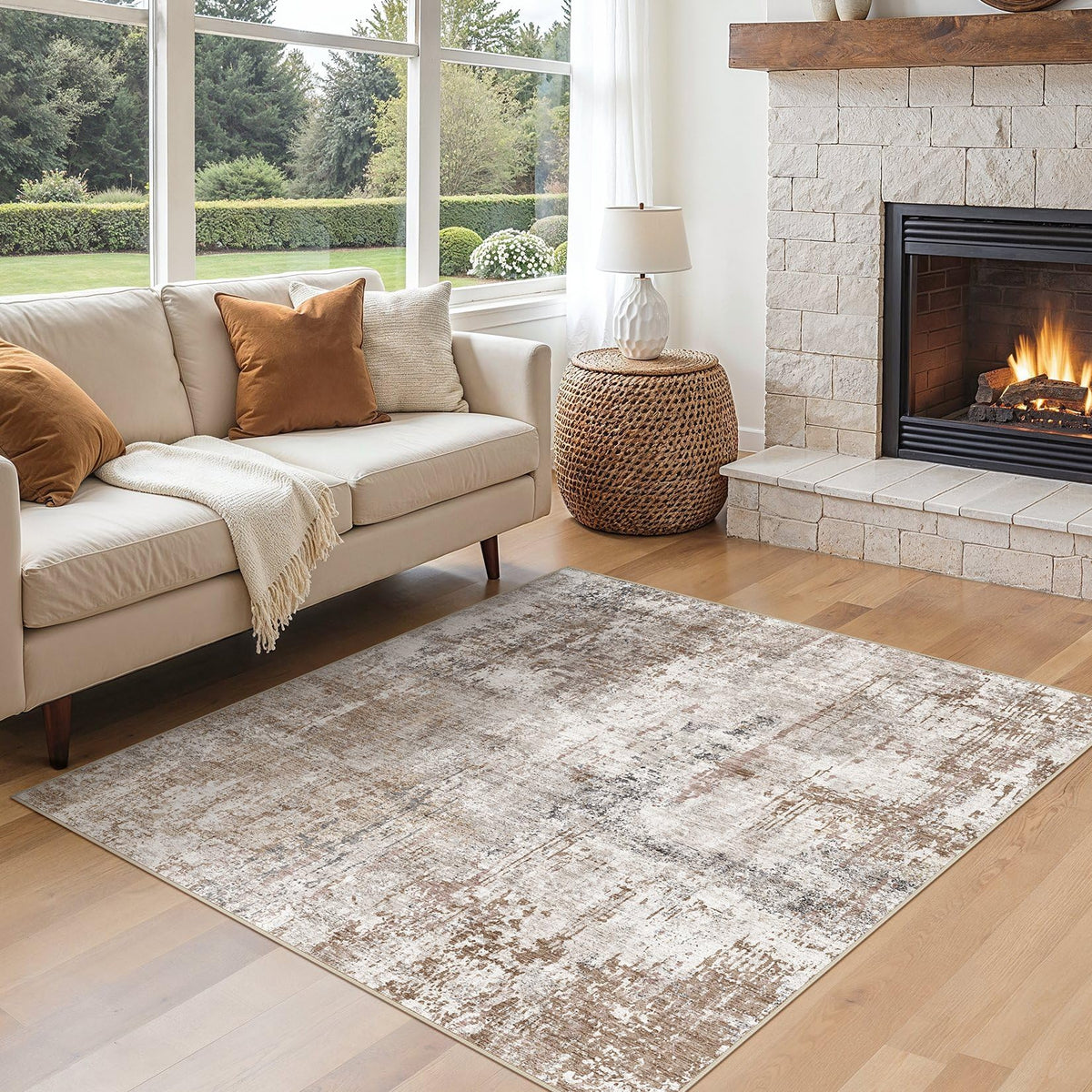 UERMEI 9x12 Area Rug Living Room Rugs - Washable Neutral Modern Abstract Soft Thin Large Rug Indoor Floor No Slip Rug Carpet for Bedroom Under Dining Table Home Office Decor - Brown Grey