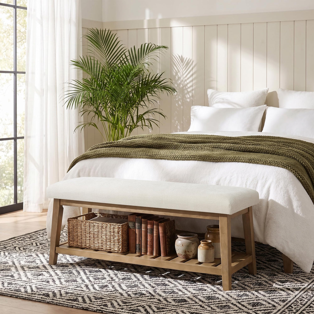 Zihanhome Entryway Shoe Bench, End of Bed Bench,Upholstered Bench(Beige)