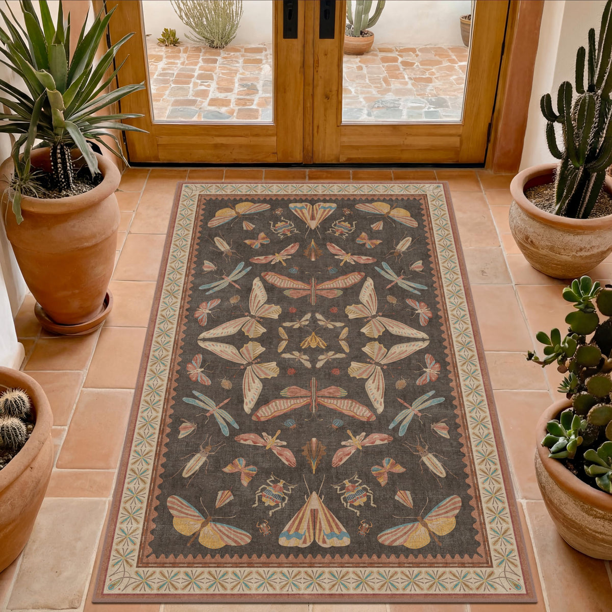 Hazo Haus Dark Green Insect Area Rugs 8x10 for Living Room, Dining Room Under Table, Bedroom, Unique Washable Floral Non Slip Low Pile Soft Rug