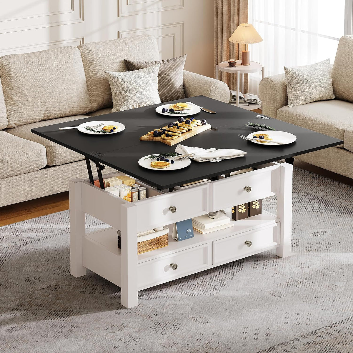 YITAHOME 4-in-1 Lift Top Convertible Coffee Table with Drawers, Black Top