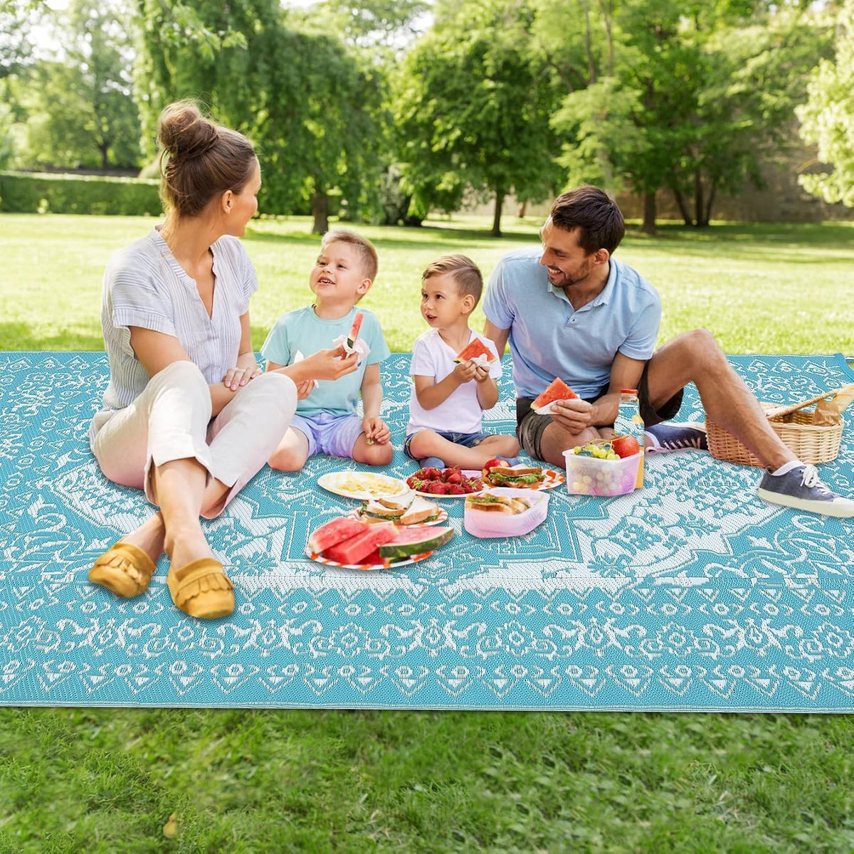 Outdoor Rugs 9x18 Reversible Mats Outdoor Plastic Straw Rug Waterproof Patio Rug Vintage Reversible Mats for Rv Deck Balcony Picnic, Beach, Trailer, Camping, Vintage|Light Blue