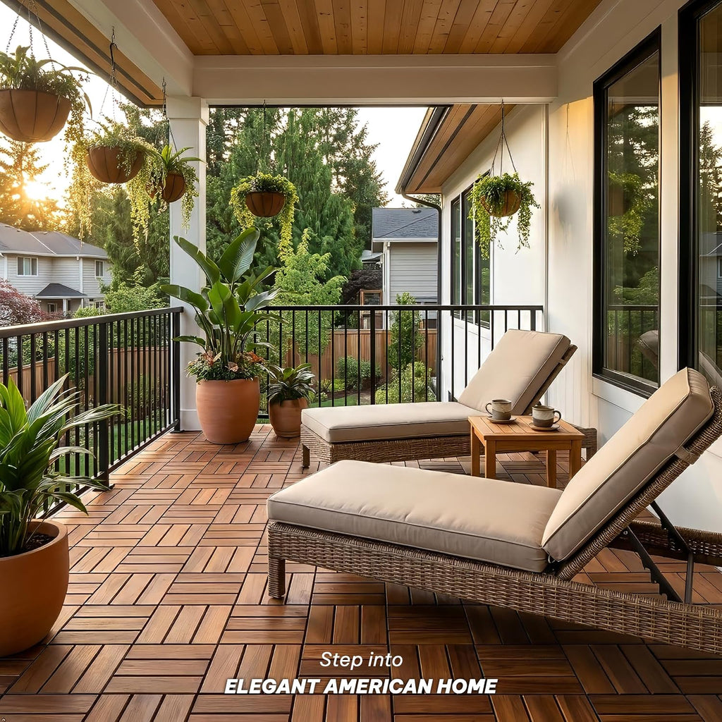 Acacia Interlocking Deck Tiles, 27 PCS Wood Flooring, 12 Slats, Walnut