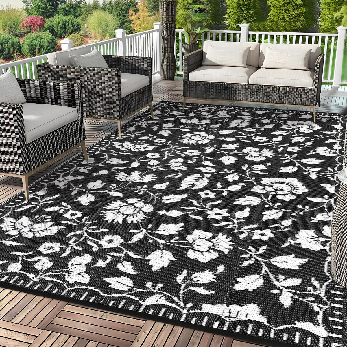 Garvee 5x8 Outdoor Rug Waterproof Modern Plastic Straw Rugs, Black Grey