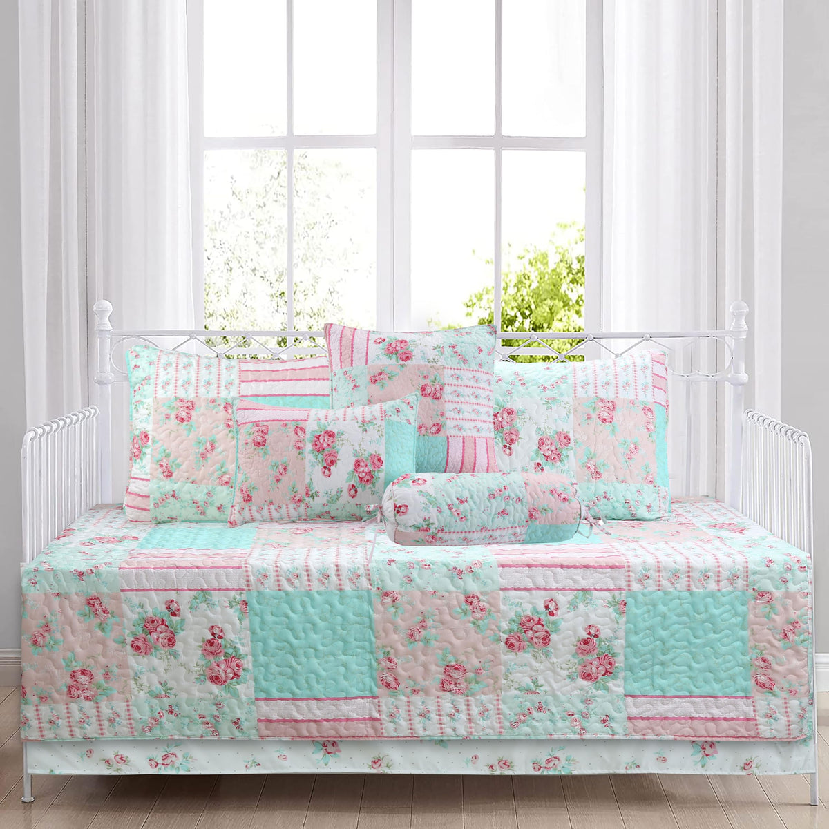 Cozy Line Home Fashions Light Pink Blue Flower Bloom Floral Garden Reversible Quilt Bedding Set, Coverlet Bedspread Lightweight for All Seasons (Carlotta, King - 6 Piece)