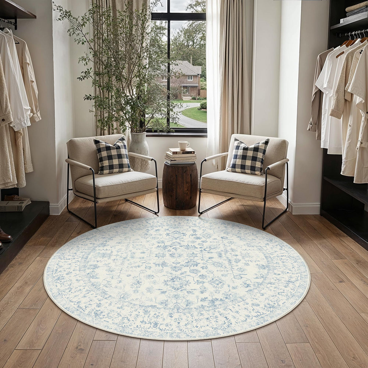 PureCozy Blue 6x6 Round Area Rug Vintage Washable Carpet Non Slip