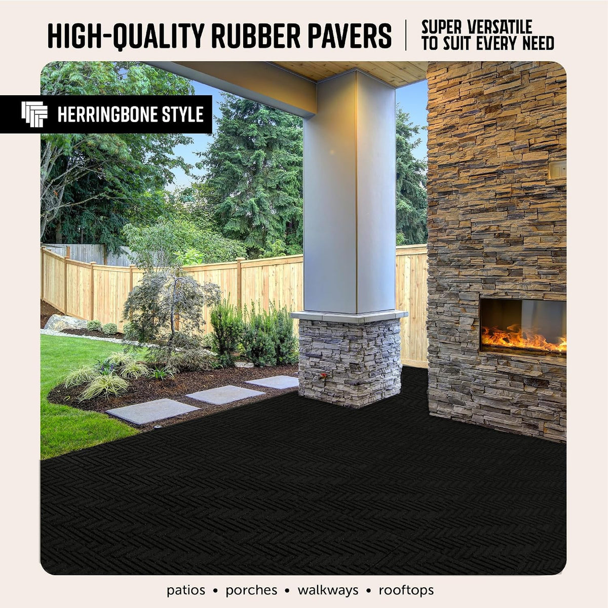 Playsafer Herringbone Rubber Interlocking Tiles | 16 X 16 | Easy Install for Indoor and Outdoor Use (Black, 20 Tiles)