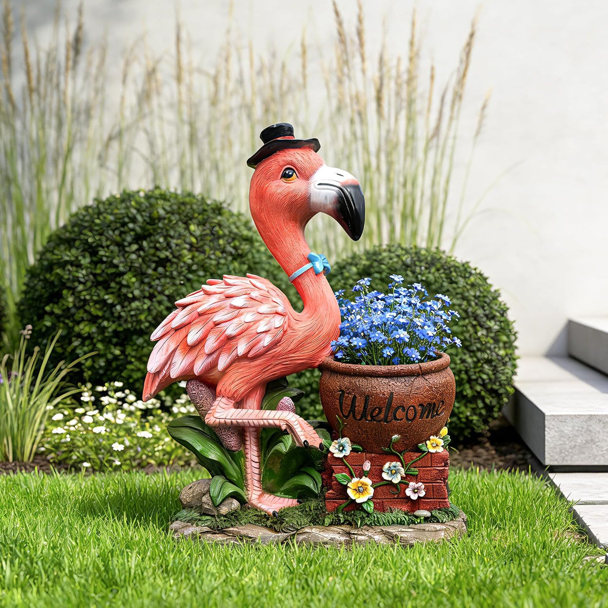 26" Outdoor Garden Sculpture Flamingo Flower Pot Planter with Solar LED Lights, Cute Resin Succulent Pot for Garden, Porch & Home Decor (Pink+Left)
