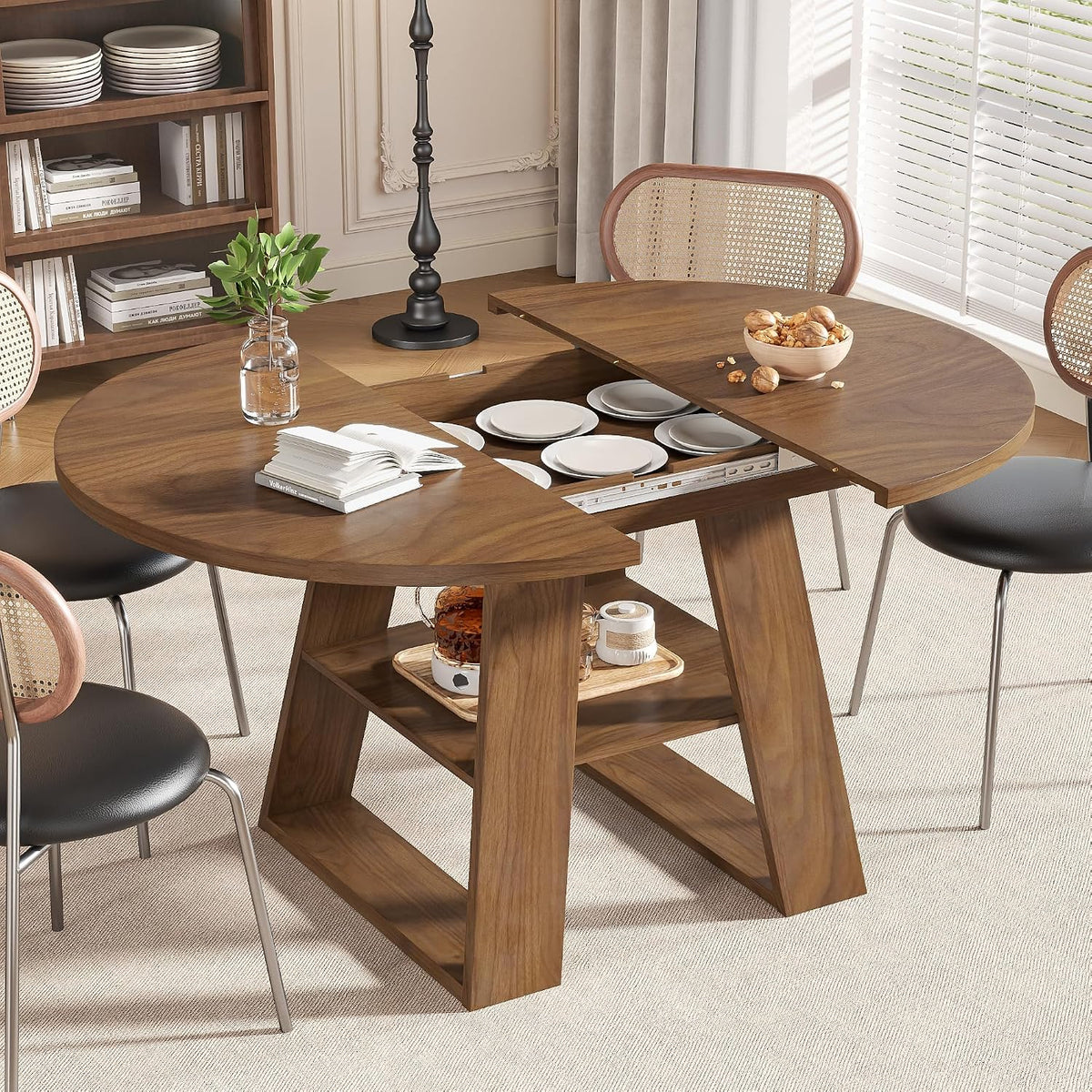 43.3"-59" Extendable Round Oval Dining Table for 4-8 with Storage Shelf