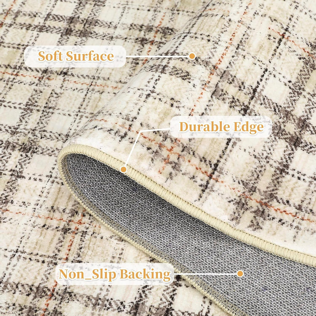Modern Washable 8x10 Area Rug - Soft, Non-Slip, Stain Resistant, Farmhouse Tartan Plaid for Living Room, Bedroom, Nursery, Office - Beige
