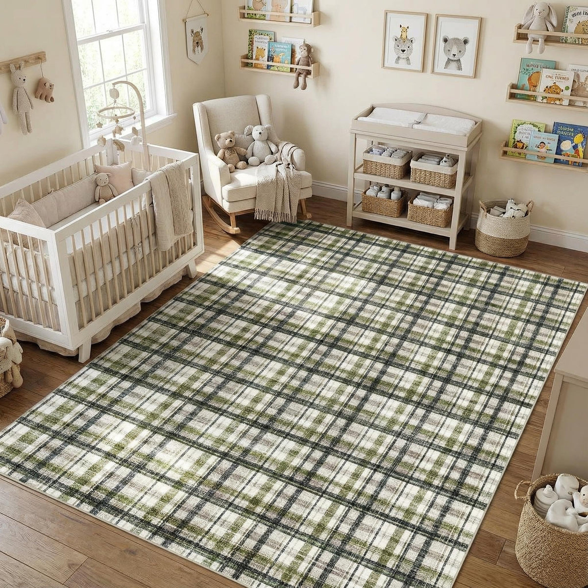 Modern Washable 8x10 Area Rug - Soft, Non-Slip, Stain Resistant, Farmhouse Tartan Plaid for Living Room, Bedroom, Nursery, Office - Beige