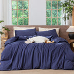 MooMee Striped Duvet Cover Set 100% Washed Cotton Linen Like Queen