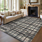 Modern Washable 8x10 Area Rug - Soft, Non-Slip, Stain Resistant, Farmhouse Tartan Plaid for Living Room, Bedroom, Nursery, Office - Beige