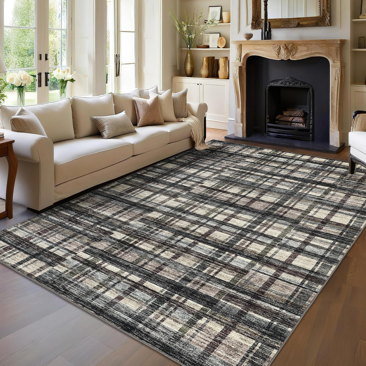 Modern Washable 8x10 Area Rug - Soft, Non-Slip, Stain Resistant, Farmhouse Tartan Plaid for Living Room, Bedroom, Nursery, Office - Beige