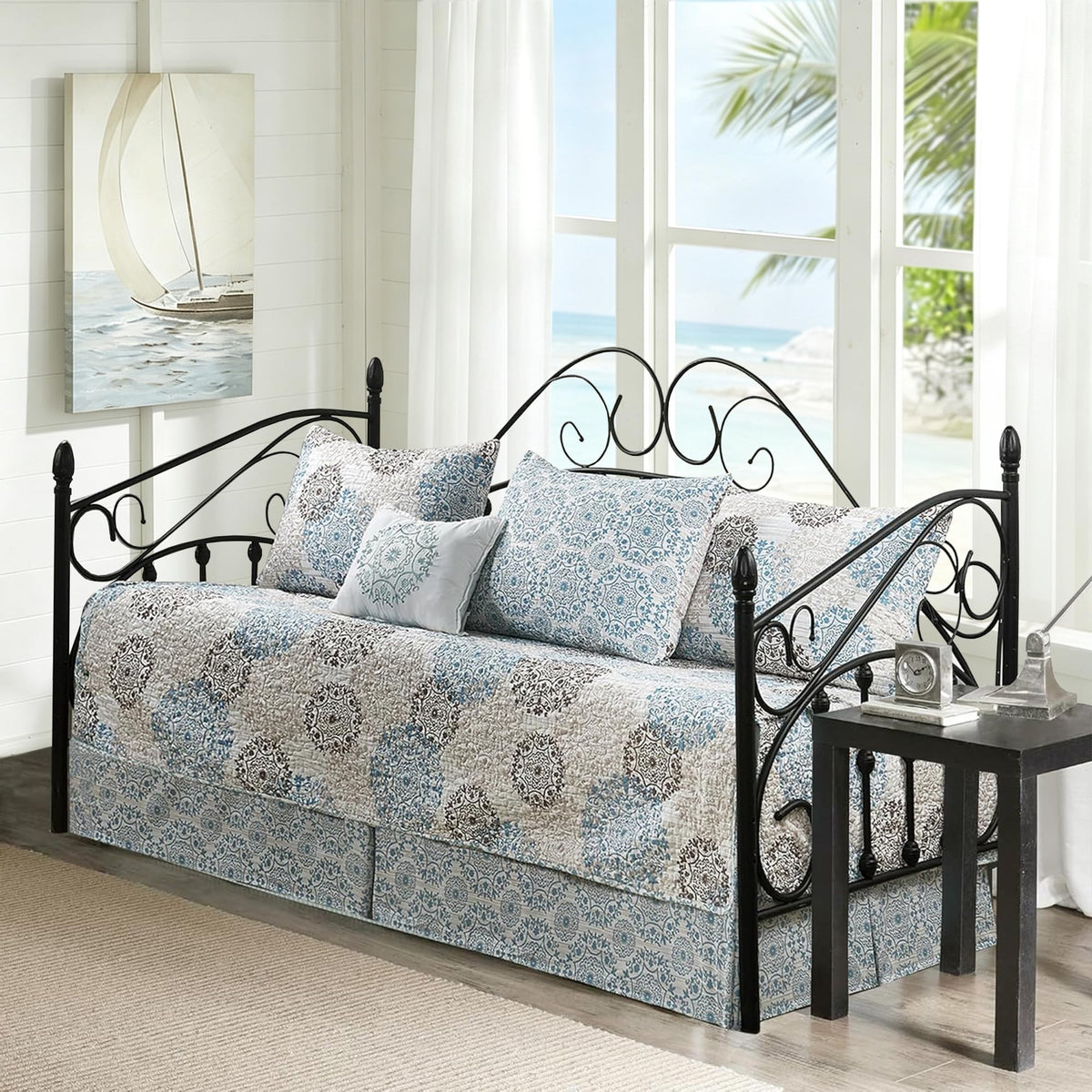 HESTIN 4Pcs Sky Blue Scallop Daybed Cover Set 75"x39" Petunia Embroidery
