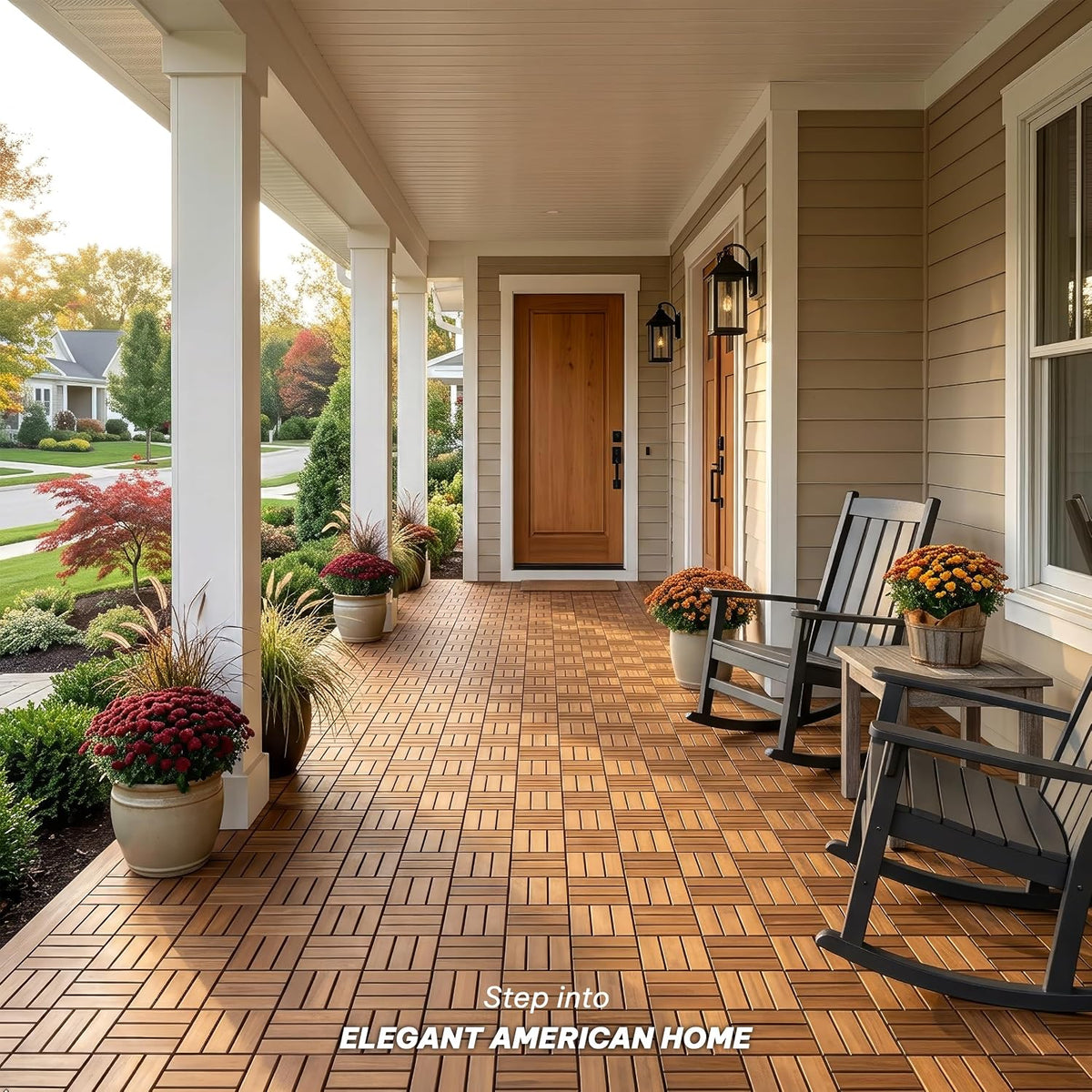 VICTORY RELAX Natural Acacia 12x12 Interlocking Wood Deck Tiles for Balcony, Garden, Patio, Poolside Decor - Waterproof Indoor & Outdoor Flooring - 12 Slats, Round Joints, Pack of 27, Natural Color