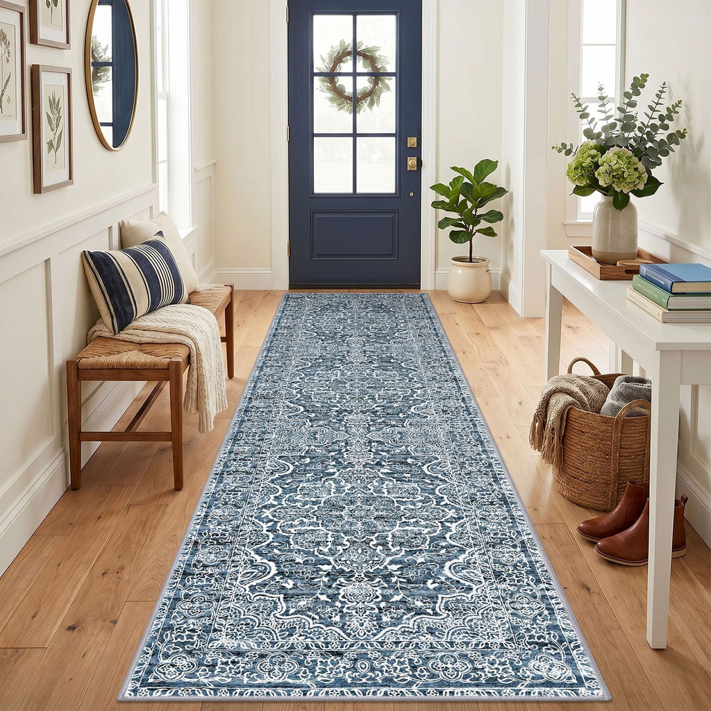 KUTA Vintage Extra Long Runners for Hallways 2.6x18ft Washable Blue White