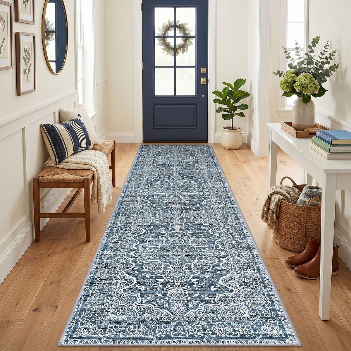 KUTA Vintage Extra Long Runners for Hallways 2.6x18ft Washable Blue White
