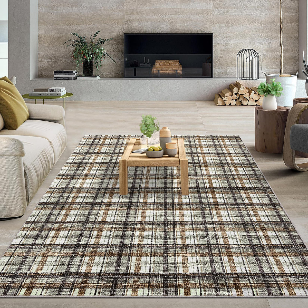 Modern Washable 8x10 Area Rug - Soft, Non-Slip, Stain Resistant, Farmhouse Tartan Plaid for Living Room, Bedroom, Nursery, Office - Beige