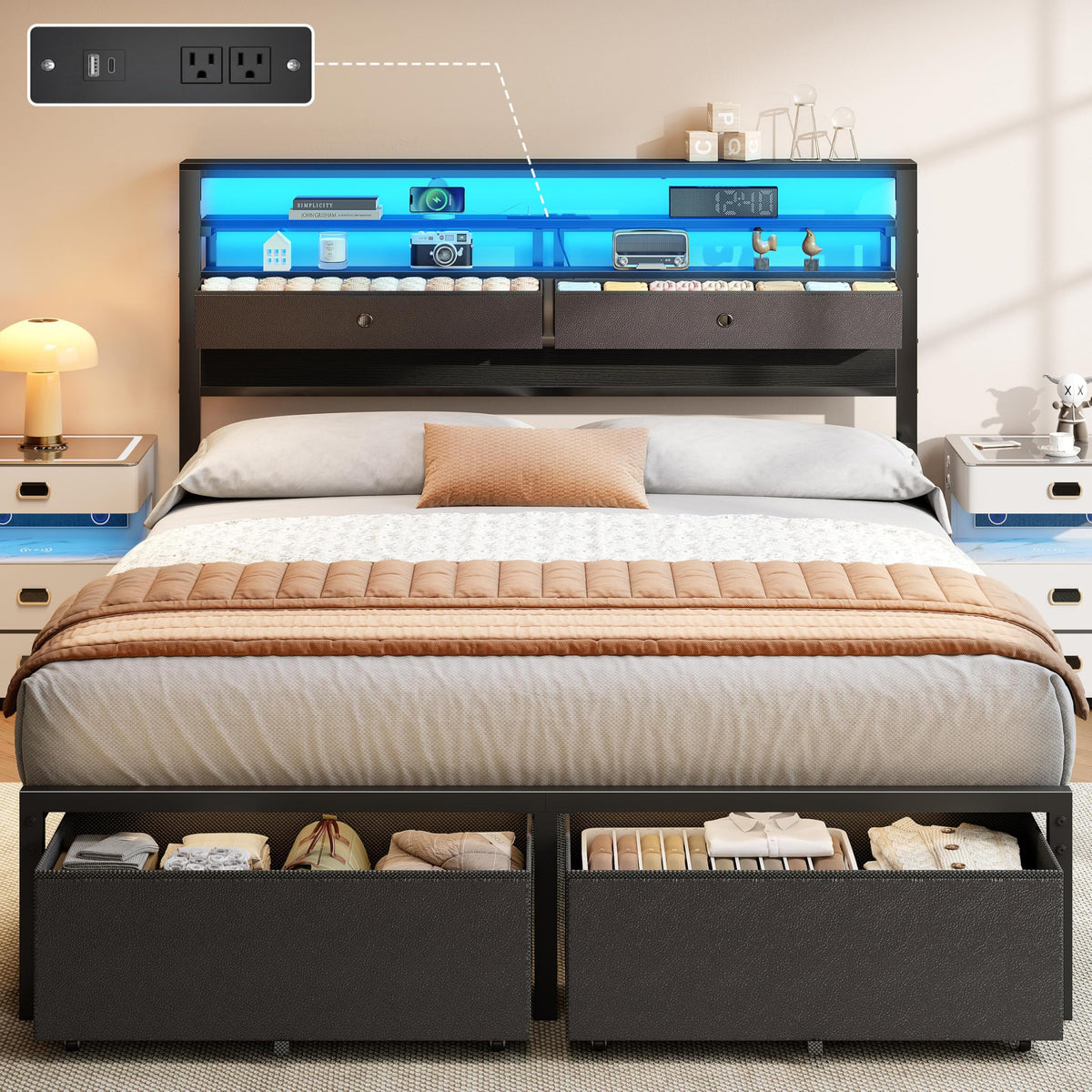 Furnulem Full Size Bed Frame with Headboard & 2 Fabric Drawers, Black Oak