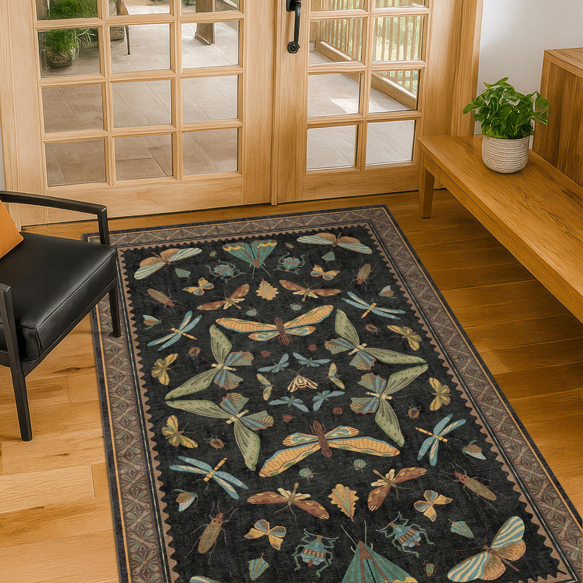 Hazo Haus Dark Green Insect Area Rugs 8x10 for Living Room, Dining Room Under Table, Bedroom, Unique Washable Floral Non Slip Low Pile Soft Rug