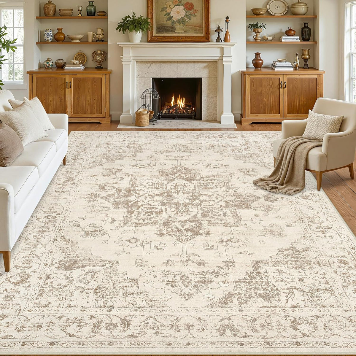 8x10 Area Rugs Living Room: Bedroom Washable Carpet Beige/Ivory