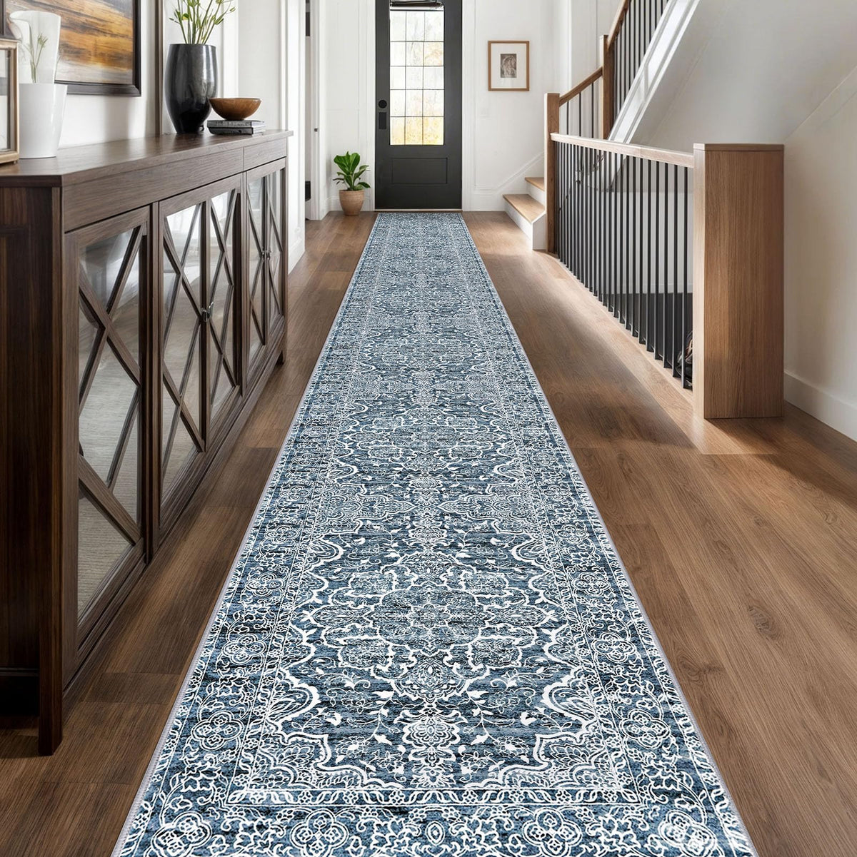KUTA Vintage Extra Long Runners for Hallways 2.6x18ft Washable Blue White