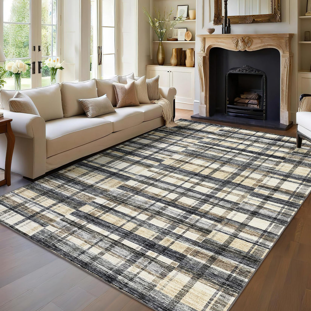 Modern Washable 8x10 Area Rug - Soft, Non-Slip, Stain Resistant, Farmhouse Tartan Plaid for Living Room, Bedroom, Nursery, Office - Beige
