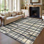 Modern Washable 8x10 Area Rug - Soft, Non-Slip, Stain Resistant, Farmhouse Tartan Plaid for Living Room, Bedroom, Nursery, Office - Beige