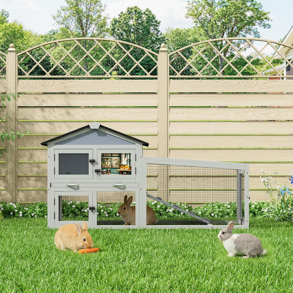 COZIWOW Grey 58.5in Outdoor Wooden Rabbit Hutch, Bunny Cage