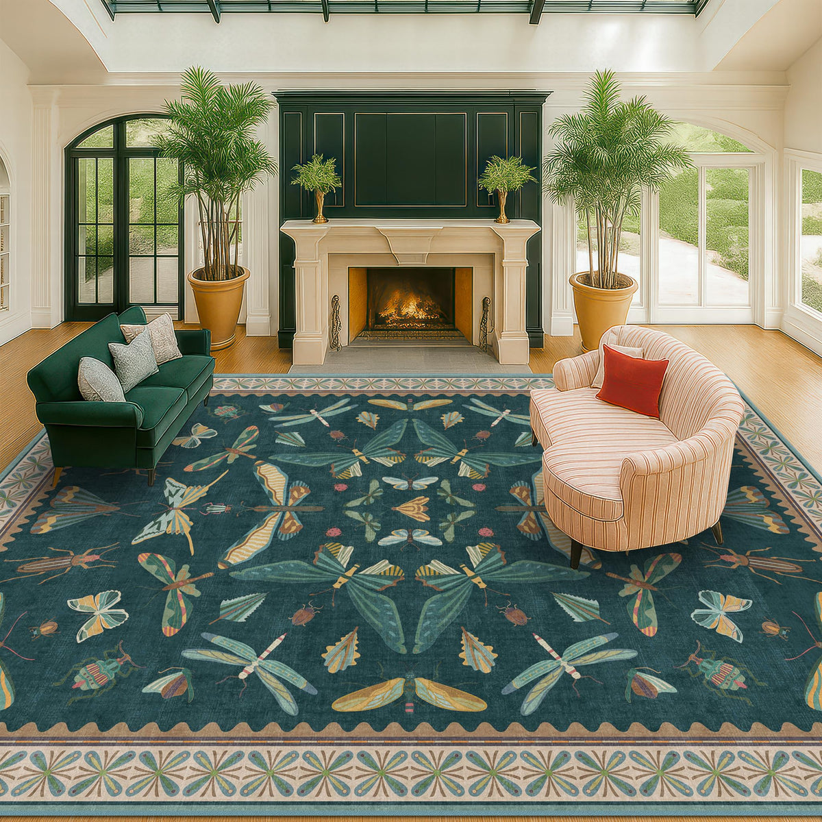 Hazo Haus Dark Green Insect Area Rugs 8x10 for Living Room, Dining Room Under Table, Bedroom, Unique Washable Floral Non Slip Low Pile Soft Rug