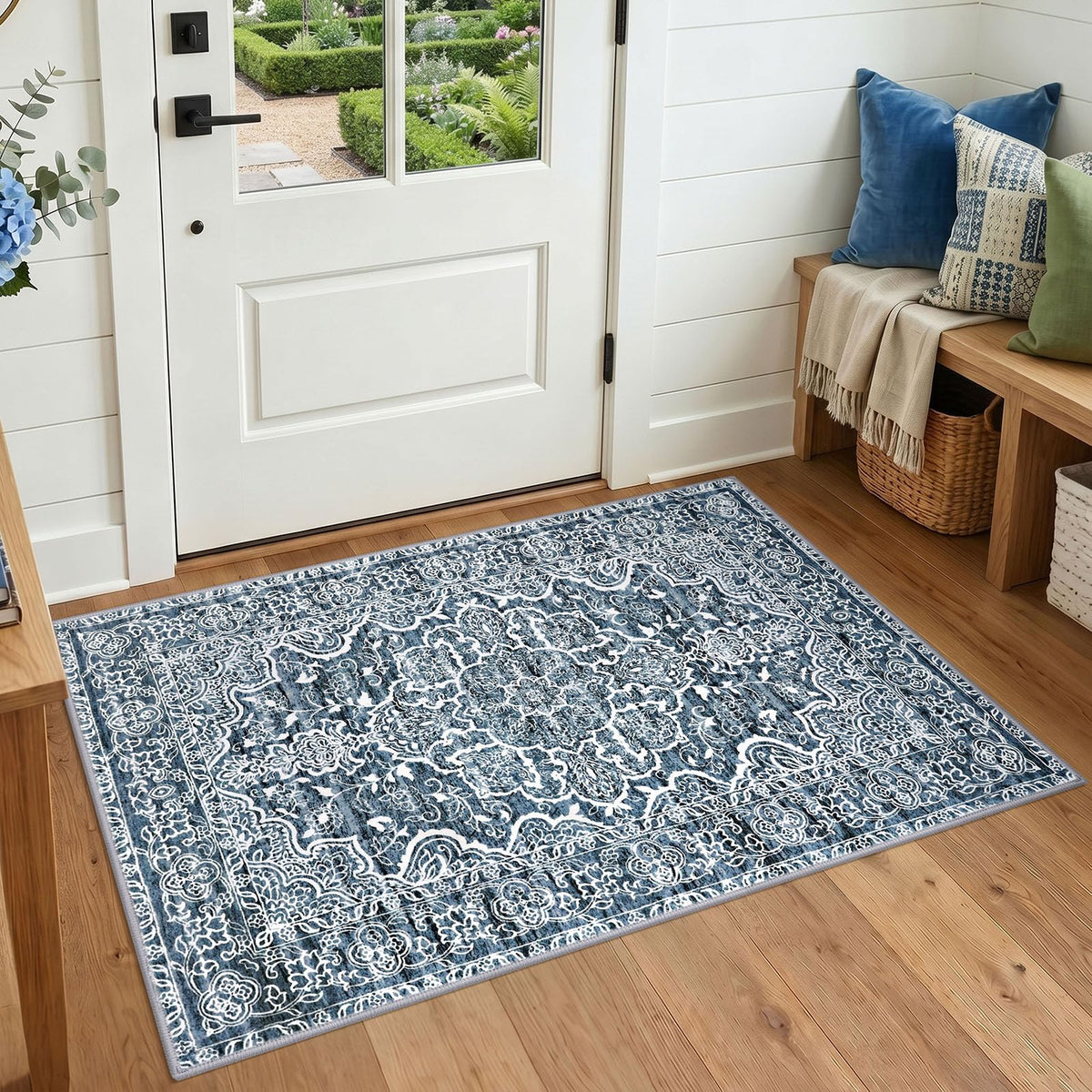 KUTA Vintage Extra Long Runners for Hallways 2.6x18ft Washable Blue White