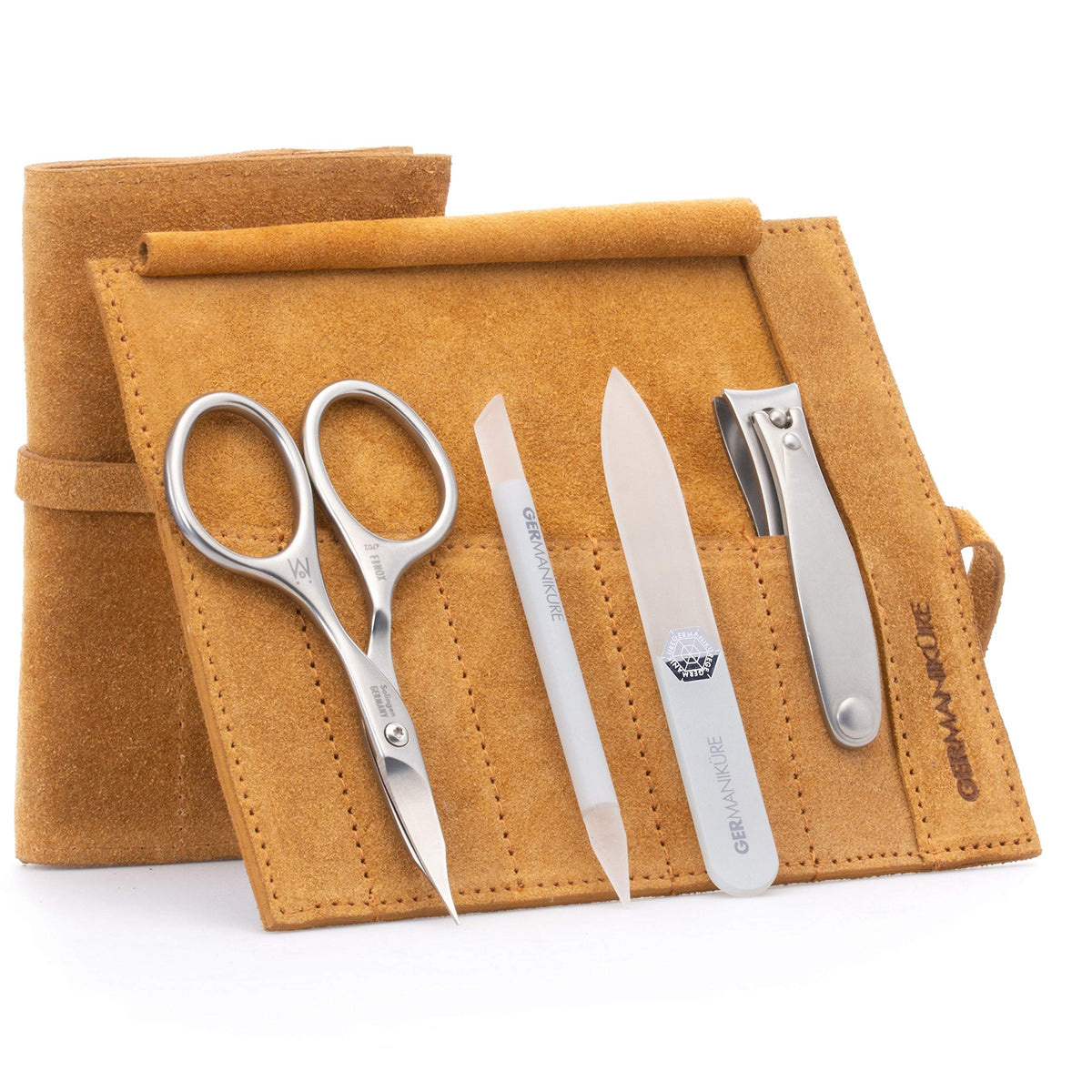 GERMANIKURE 7pc Manicure & Pedicure Set, FINOX Steel, Purple Leather Roll