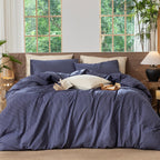 MooMee Striped Duvet Cover Set 100% Washed Cotton Linen Like Queen