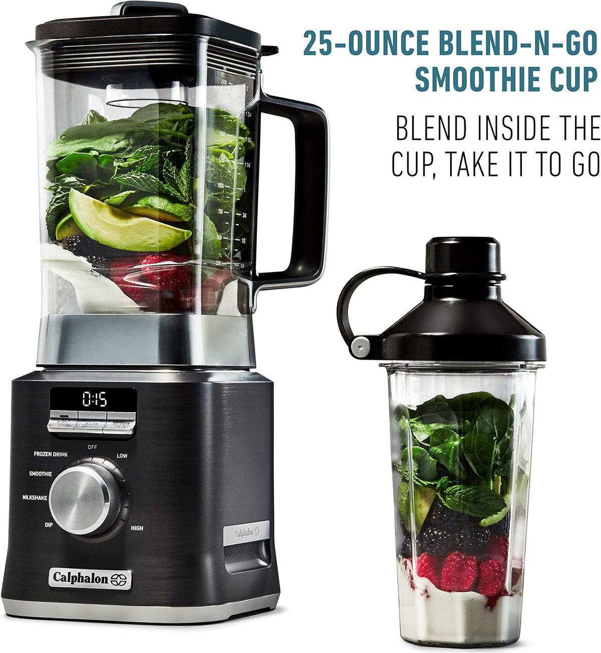Calphalon Auto-Speed 68 Oz Blender with Blend-N-Go Smoothie Cup and BPA-free Tritan Jar | 1100-Watt Base, Dark Stainless Steel