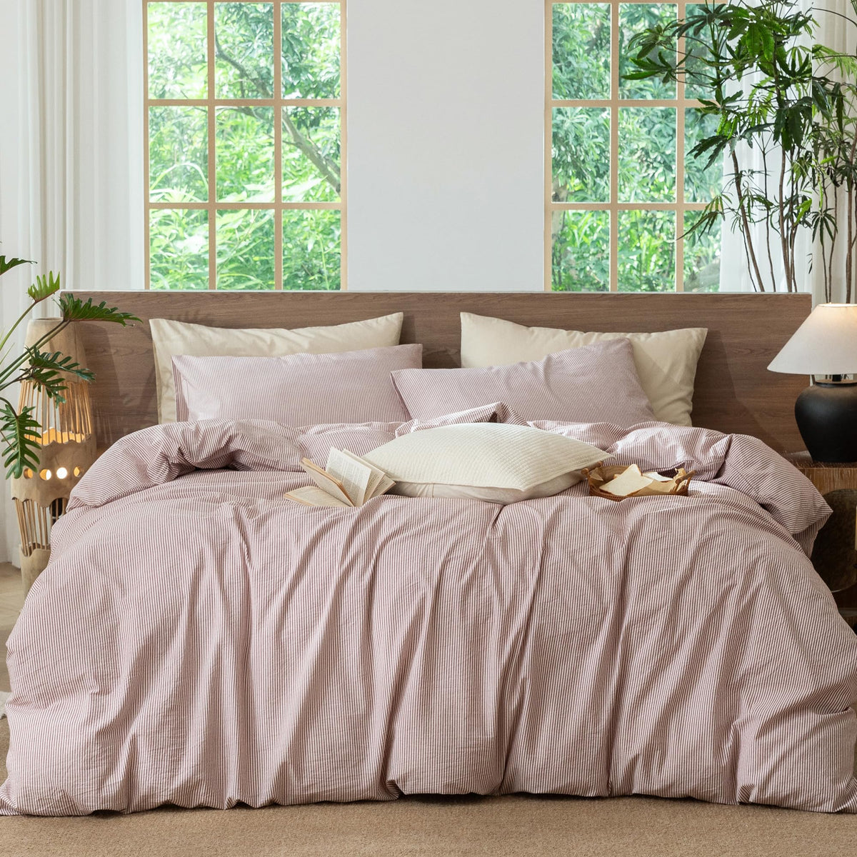 MooMee Striped Duvet Cover Set 100% Washed Cotton Linen Like Queen