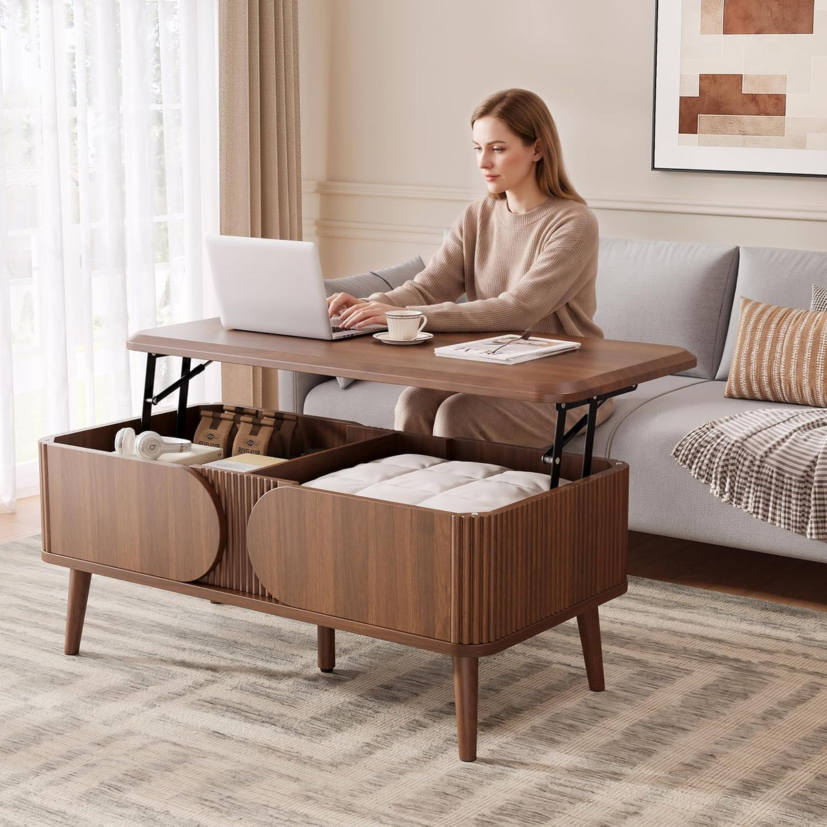 Decofy 39" Lift Top Coffee Table with Storage for Living Room, Walnut