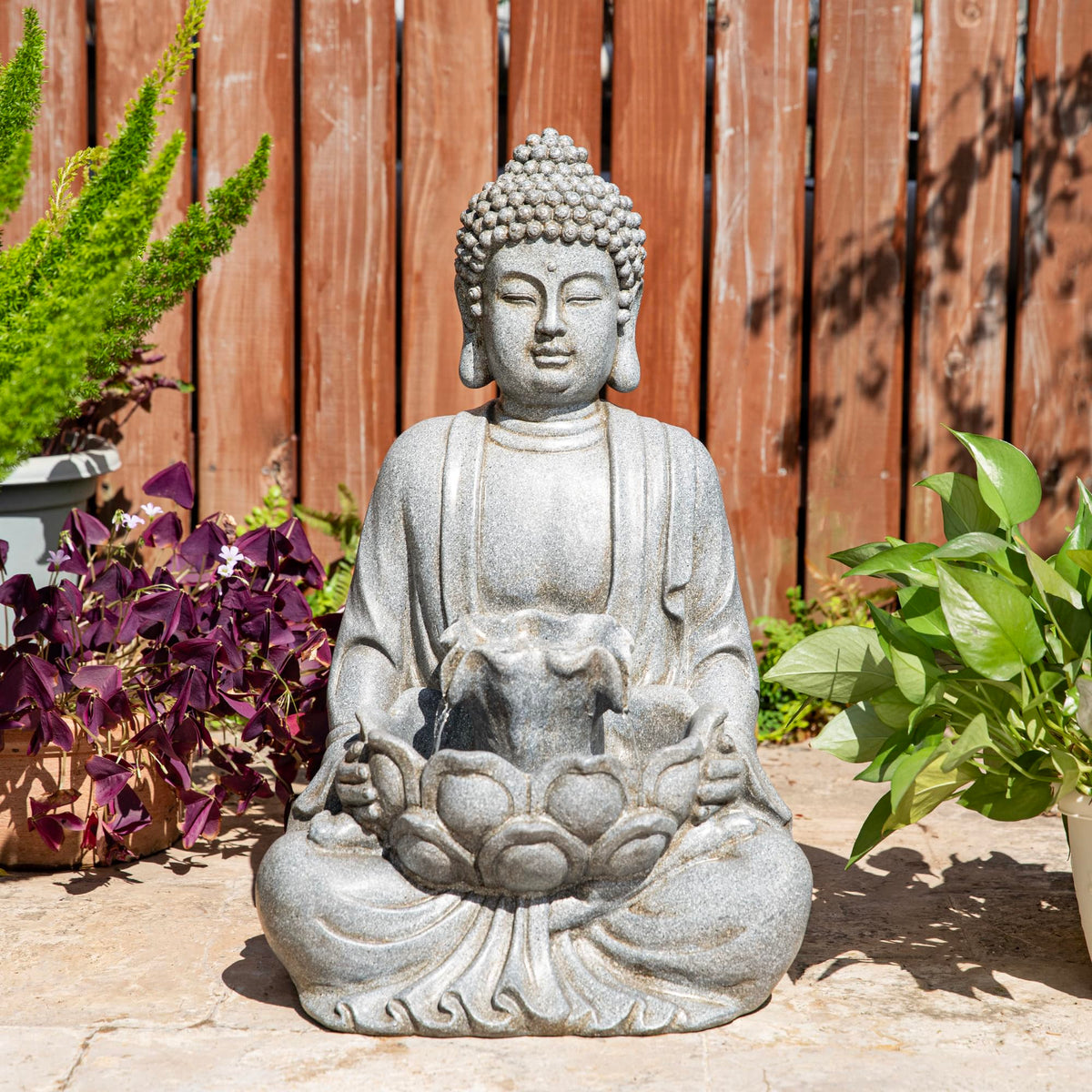 Glitzhome Buddha Statue 28" H, Outdoor Large Statue Zen Style Buddha Fountian with LED Light & Pump Polyresin Outdoor Floor Freestanding Fountain Garden Buddha Sculptures & Statues Lawn Décor